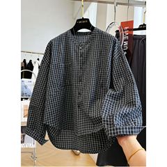 韩系复古格子宽松休闲圆领长袖衬衫女早秋季薄款上衣潮外套A6152