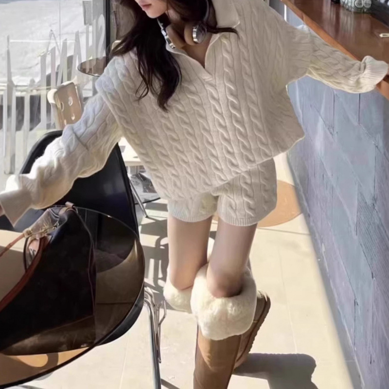 YS Korean-style polo collar cable knit sweater and shorts two-piece set for women, autumn and winter, loose and casual style knit top set