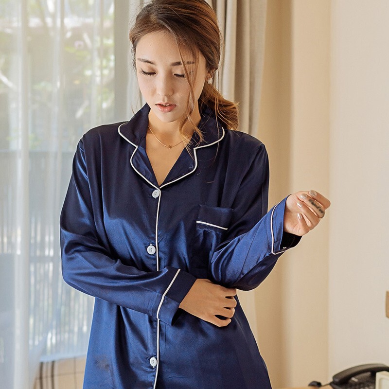 2025 Autumn Korean Style Women's Blue Silk Long-Sleeved Pants Women's Cardigan Casual Export Women's Pajamas Set