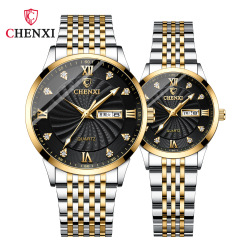 Business double calendar watch couple steel band watch manufacturer wholesale CHENXI men's and women's quartz watch with diamond