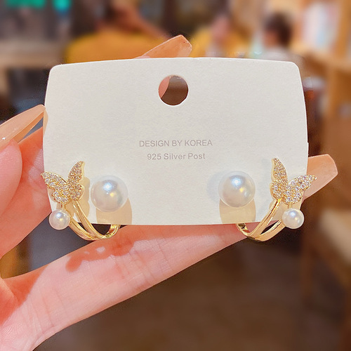 S925 silver needle Korean new butterfly pearl earrings light luxury niche high-end design back-hanging stud earrings