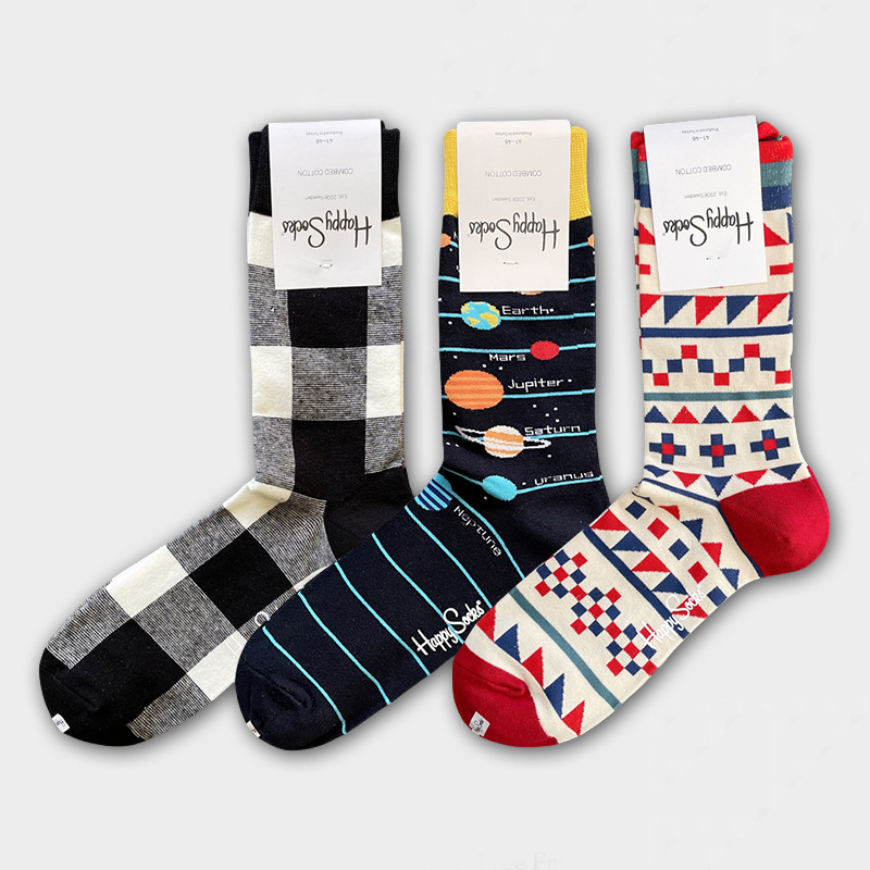 ハッピーソックス メンズソックス ミドル丈 コーマ綿 吸汗消臭 通気性 スウェーデン製 おしゃれ カラフル 薄手