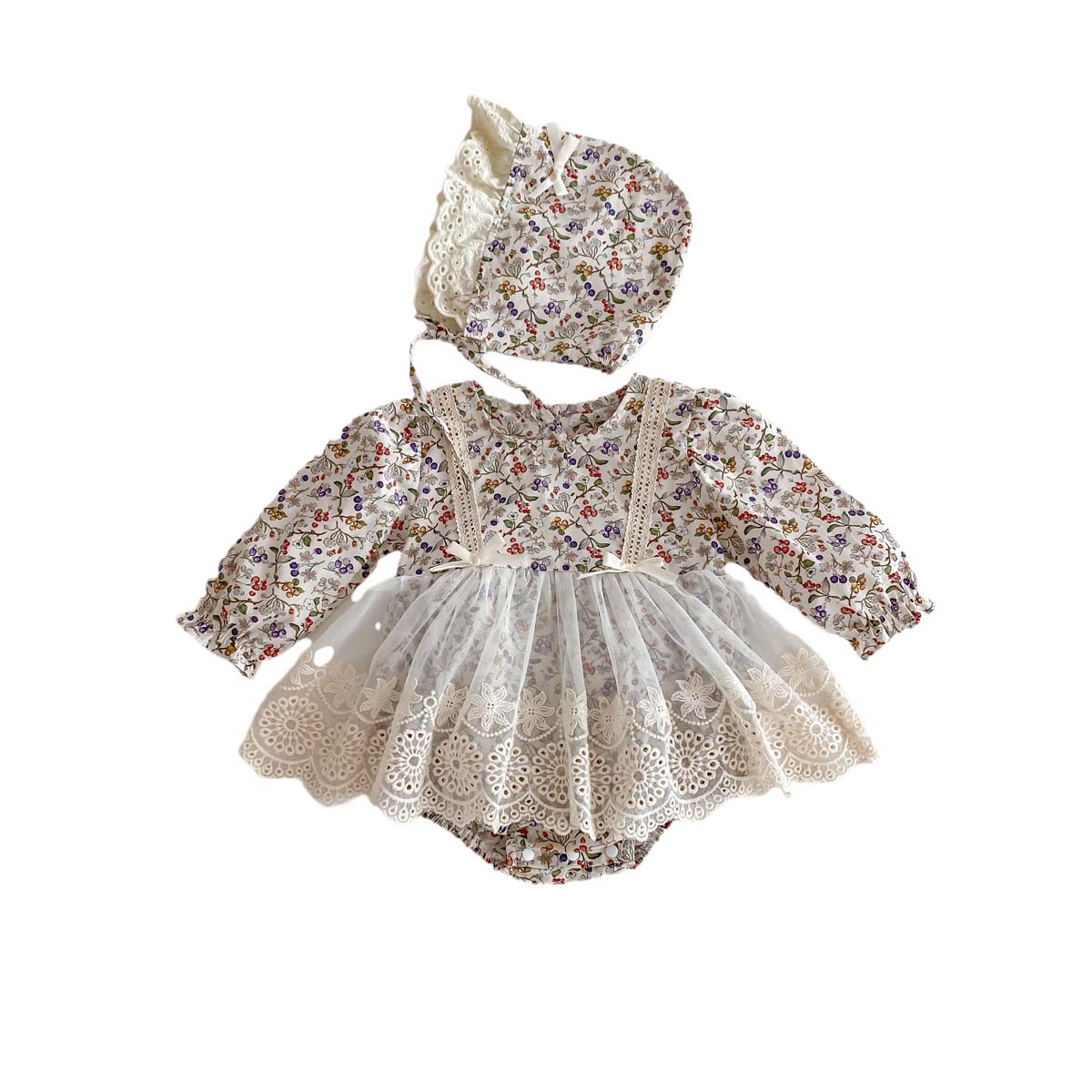 INS bebé niña Primavera y otoño de manga larga funda bebé de moda floral encaje malla mameluco recién nacido mameluco