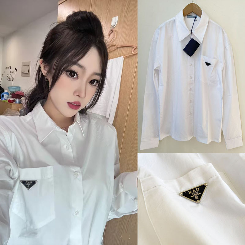 Spring and Summer New Style P Metal Triangle Logo Classic Versatile Lapel Long-Sleeved Shirt Loose Simple Casual Top for Women
