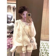 法式重工白色绣花朵针织短裙女学生秋冬款奶呼呼软糯毛衣开衫外套