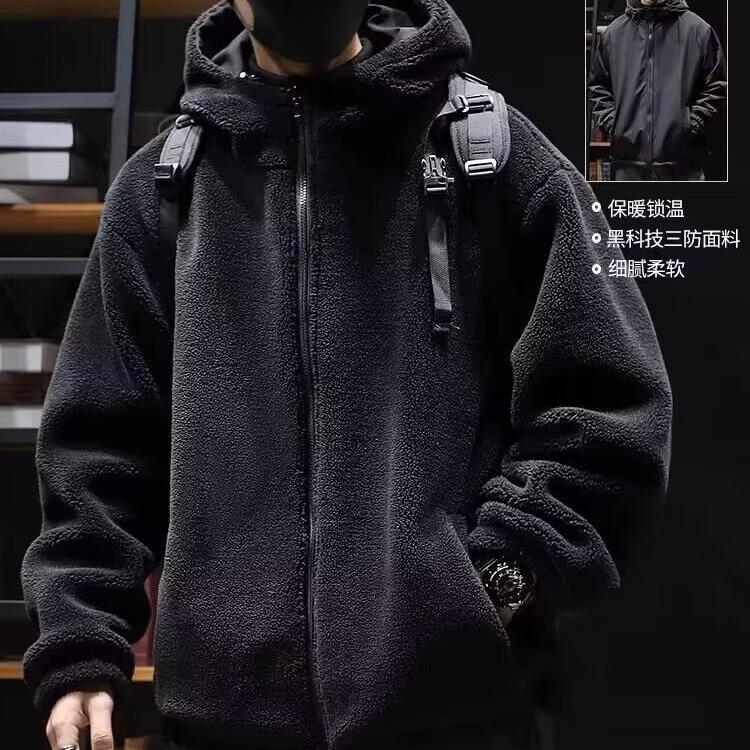 Lambswool coat men's autumn and winter fleece-lined thickened plus size hooded jacket trendy casual warm cotton-padded double-sided wear