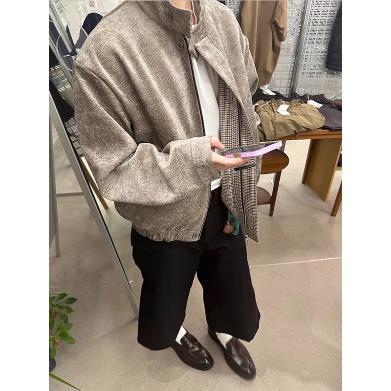 올드 머니 스타일 물떼새 격자 클린핏 스탠드 칼라 재킷 남성 2025 봄, 가을 질감 루즈 캐주얼 재킷