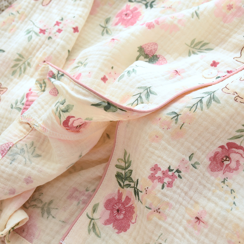 여성용 순면 홈웨어 탑, 봄, 가을 얇은 거즈 긴팔 가디건, 프린트 라펠 잠옷, 루즈하고 캐주얼