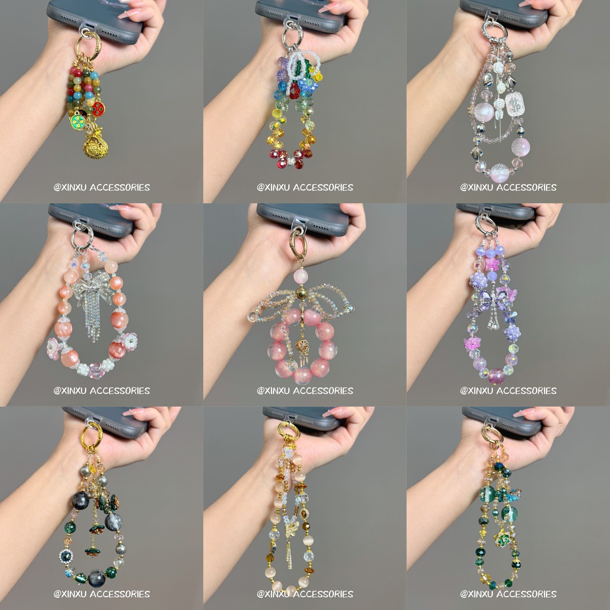 Sweet Glitter Imitation Crystal Beaded Mobile Phone Chain Gypsophila Short Satchel Key Chain Women's Trendy Mobile Phone Case Hanging