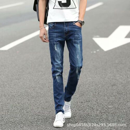 Men's Spring and Autumn Style Jeans, Korean Version, Trendy Elastic Tapered Ankle Casual Pants, Men's Elastic Work Long Pants