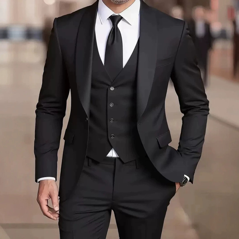 Men's Three-Piece Suit with Notch Lapel, Groom's Wedding Suit, Men's Korean-Style Slim-Fit Best Man Suit, Wedding Formal Wear