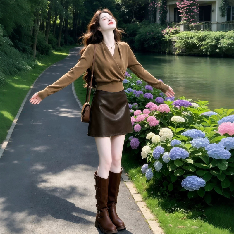 Korean-style cross-fit slim-fit knitwear for early autumn, women's 2026 new French style, extremely stylish and unique two-piece set Korean-style cross-fit slim-fit knitwear for early autumn, women's 2026 new French style, extremely stylish and unique two-piece set