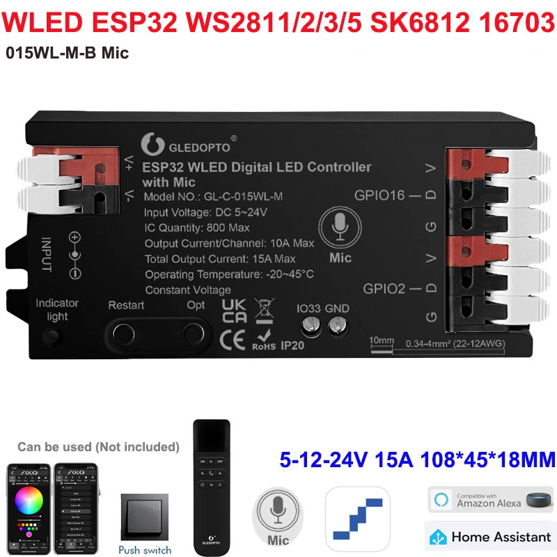 Контроллер световой ленты WLED с ESP32, микрофоном, доступен по адресу, симфонический SPI LED контроллер с адресацией