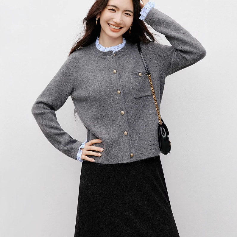 开衫2025秋冬新款女装撞色条纹木耳边拼接毛衣90125320114|undefined