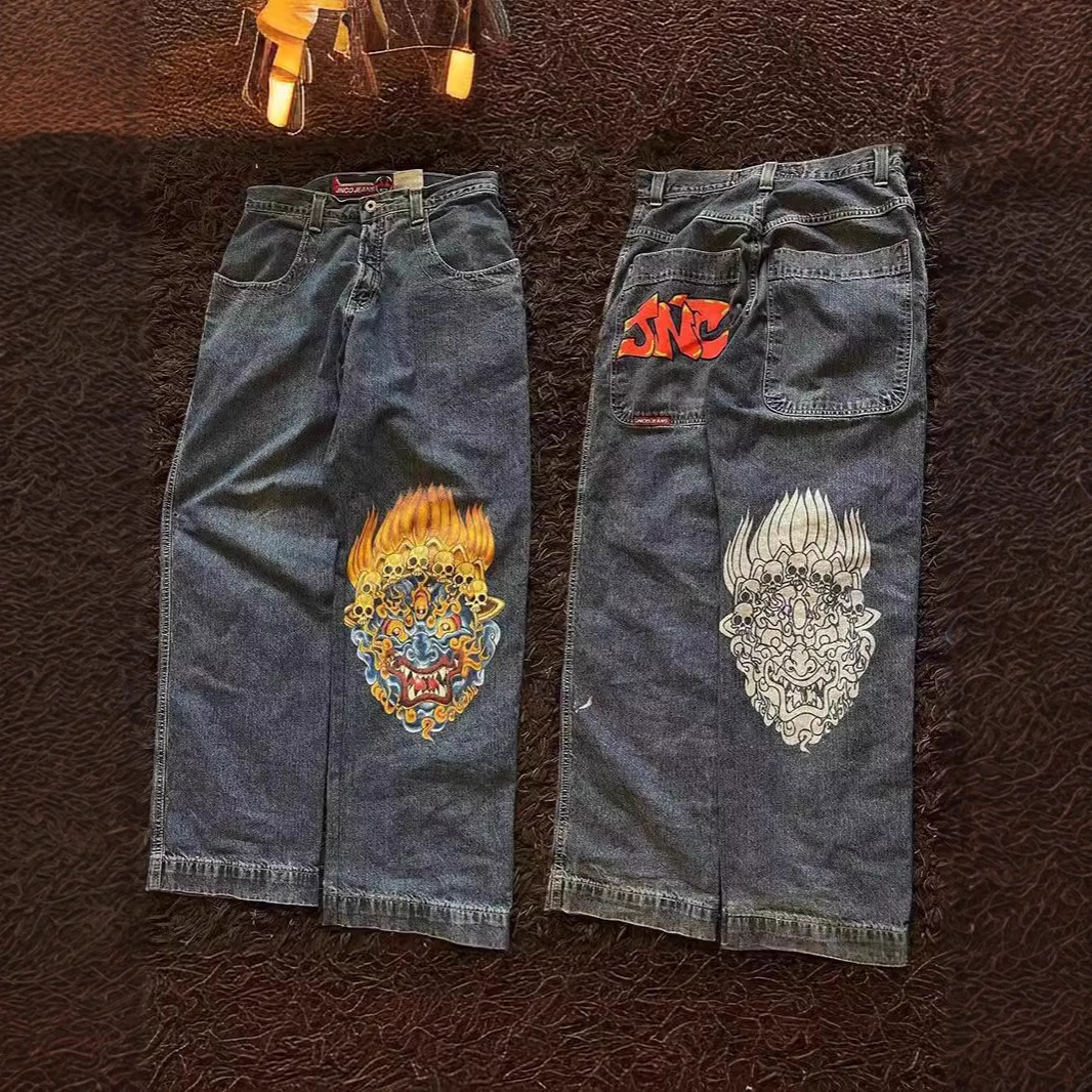 春季新款美式JNCO刺绣宽松直筒牛仔裤 男款复古百搭休闲牛仔裤