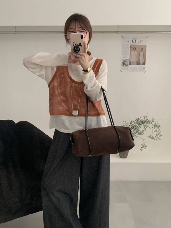 日韩系复古软糯混羊绒针织衫女秋百搭叠穿吊带背心打底两件套上衣|undefined