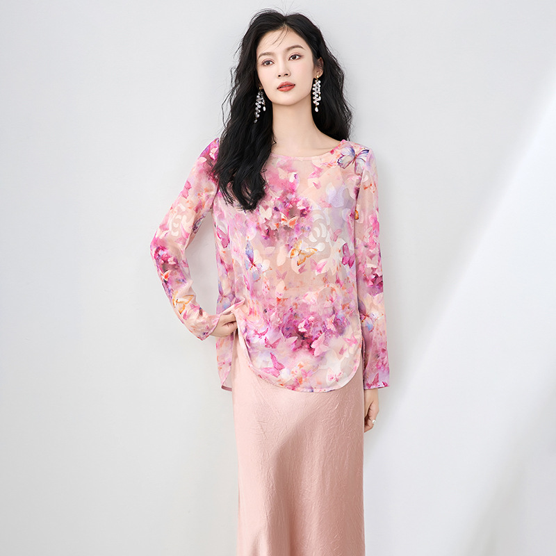 Áo sơ mi cổ tròn phong cách Tân Trung Hoa, chất liệu voan cắt hoa thanh lịch, tay ngắn mùa hè — Hoa bướm màu hồng