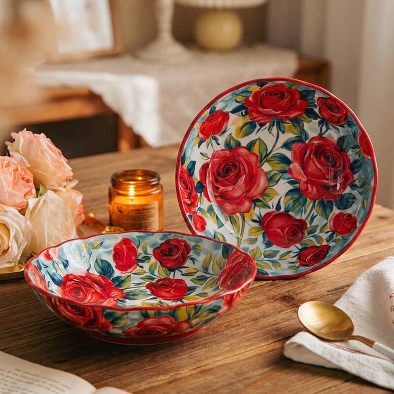 Rose Flower - 8inch Lace Deep Plate 2-piece set (red) Polish porcelain underglaze art ceramic tableware creative design Rose Flower - 8inch Lace Deep Plate 2-piece set (red) Polish porcelain underglaze art ceramic tableware creative design