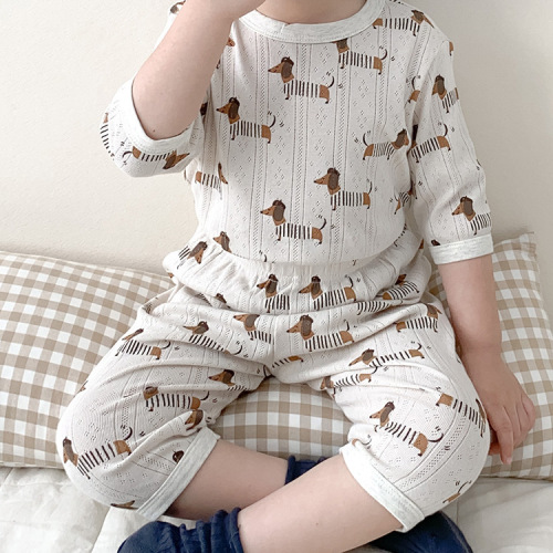 2024 Children's Pajamas Category A 100% Cotton Summer Children's Home Clothing Seven-Piece Set Baby Air Conditioning Pajama Set Lightweight