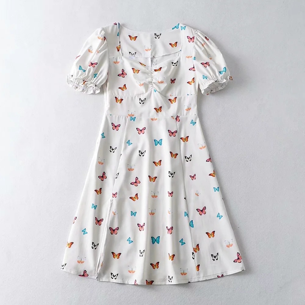 Vestido de manga farol con estampado de mariposa de temperamento NSAC34040