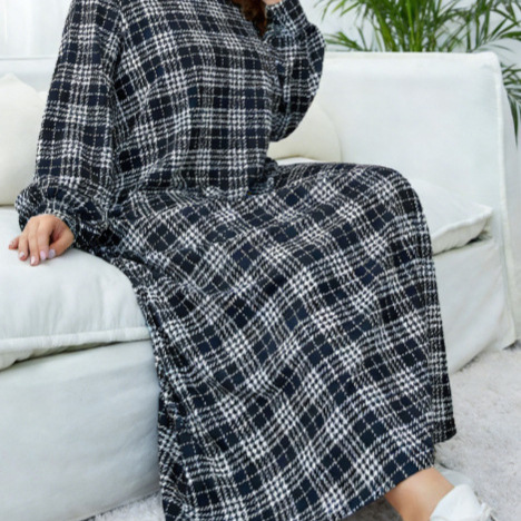 Cross-border Middle Eastern Muslim Women's Black And White Plaid Robe, Loose Plus-size Round-neck Long Dress Abaya_ecoleips.com