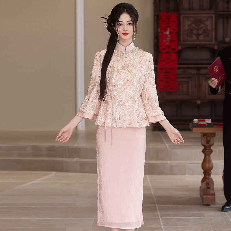 Розовое обручальное платье, улучшенное Cheongsam, новое платье для тостов в стиле шинуазри, маленький элегантный комплект из двух предметов для невесты, свадьбы, возвращения на родину
