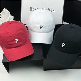 新款简约纯色韩版字母P刺绣棒球帽男女款软顶百搭鸭舌帽防晒帽子