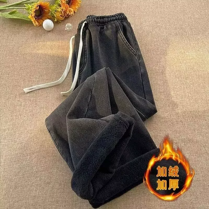 Плюшевые толстые джинсы мужской сезон эласткая талия, прямые ноги, маленькие свободные осенние и зимние студенты теплые брюки