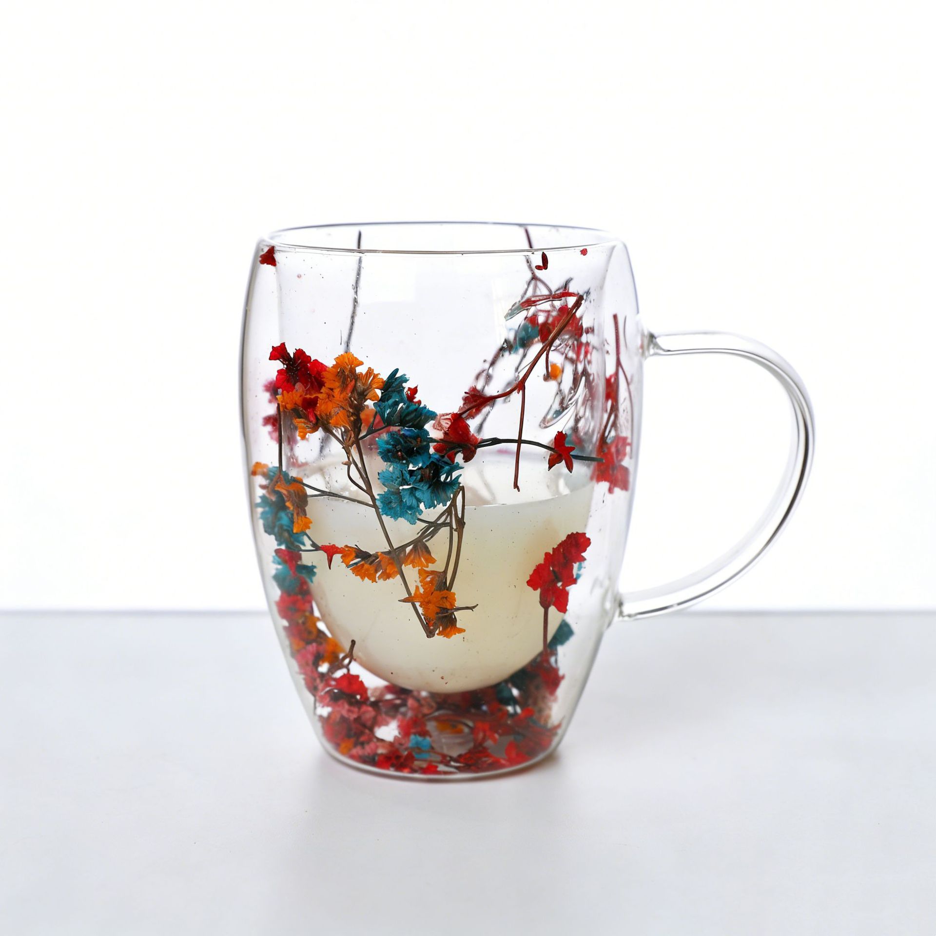 Taza de vidrio multicolor con flores secas insertadas, aislamiento térmico y anti-escaldado, taza de bebida doméstica de doble capa con mango en forma de huevo de flores secas