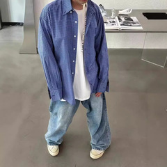 Cleanfit紺色格子シャツ男性春秋モデルアメリカレトロ長袖チェックシャツ高級感コート