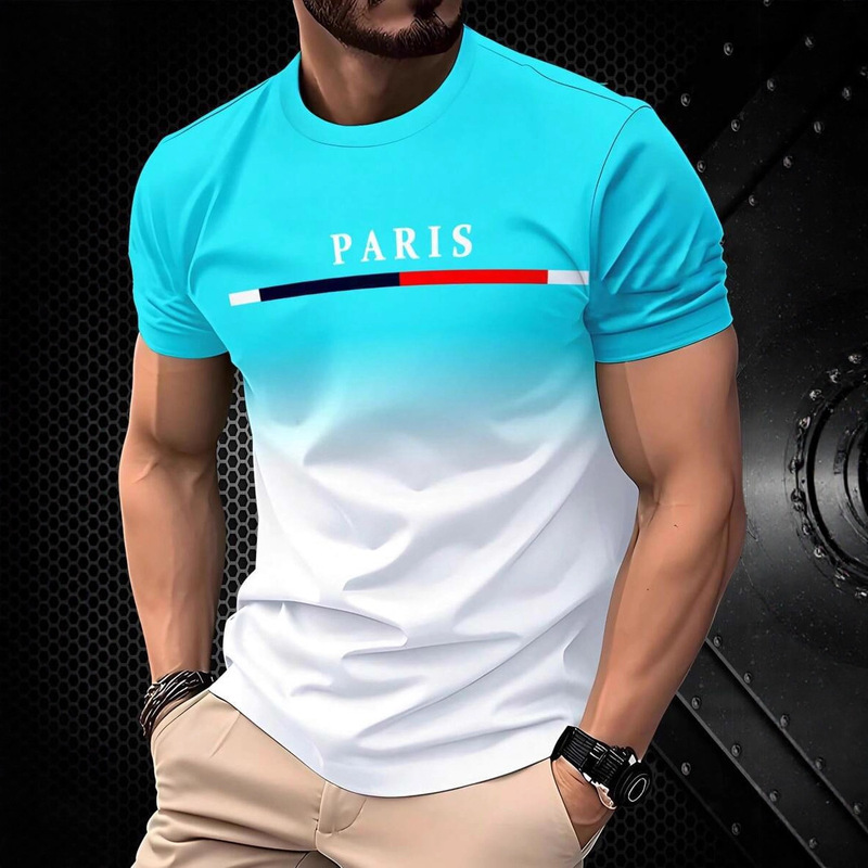 Cross-Border Men's T-Shirt Paris Letter T-Shirt Casual Sports Versatile Round Neck Top Light Change Printing Youth Short-Sleeved Men Cross-Border Men's T-Shirt Paris Letter T-Shirt Casual Sports Versatile Round Neck Top Light Change Printing Youth Short-Sleeved Men
