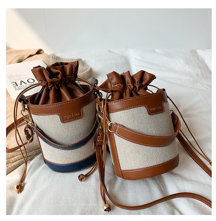 Bucket Shape Medium Size Women's Medium Pu Leather Color Block Streetwear Sewing Thread Bucket String Bucket Bag