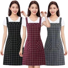 Feminine Adult Winter Home Kitchen Japanese Cute Check Pattern Long Sleeve Cooking Apron Overcoat Workwear