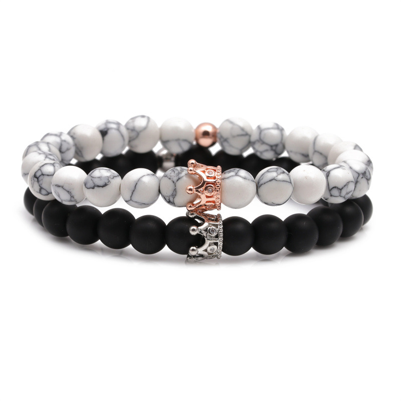 Pulsera de cuentas de piedra volcánica europea y americana transfronteriza azul turquesa corona traje pareja pulsera hombres y mujeres pulsera