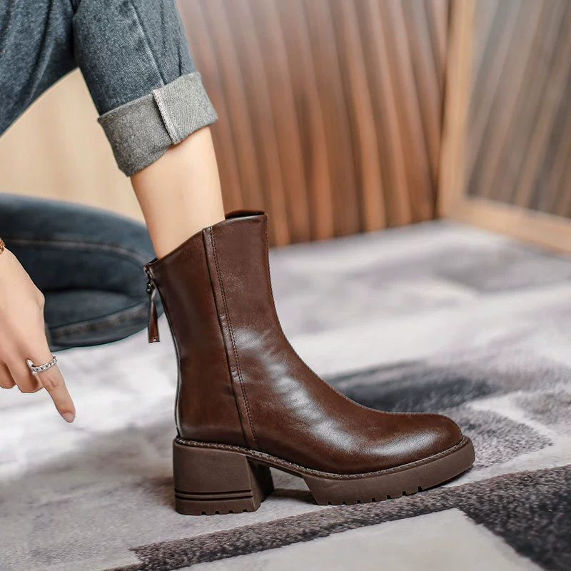 Женские короткие ботинки на толстой подошве, британский стиль, новые ботинки Martin 2024 года, высокие каблуки, коричневые ретро-ботинки до середины икры для весны и осени.