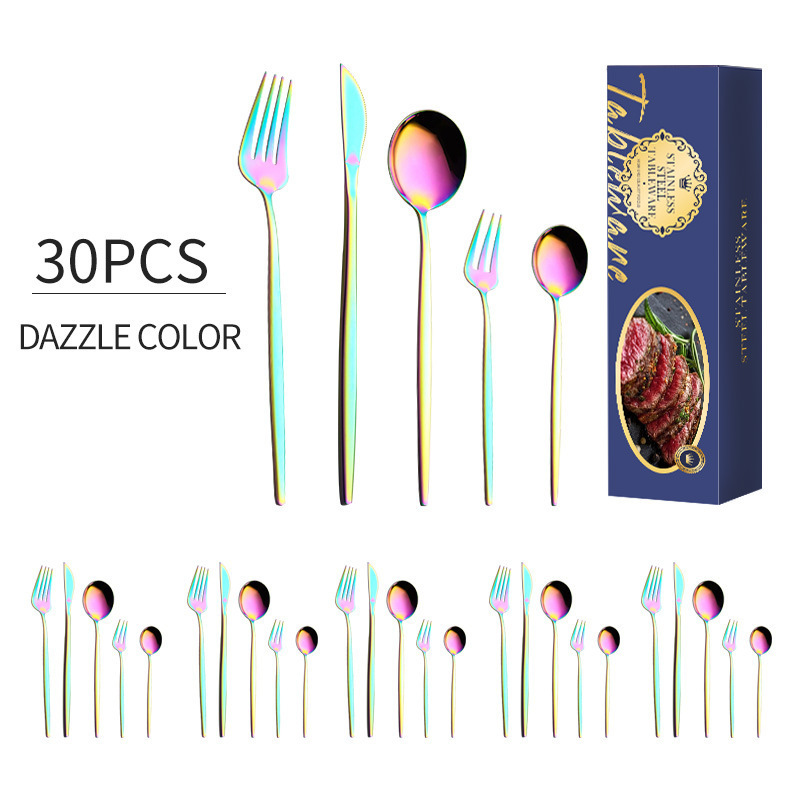 Amazon cubiertos de acero inoxidable transfronterizos set 30 piezas brillante cuchillo y tenedor portugués cuchillo y tenedor de filete de restaurante occidental cuchara