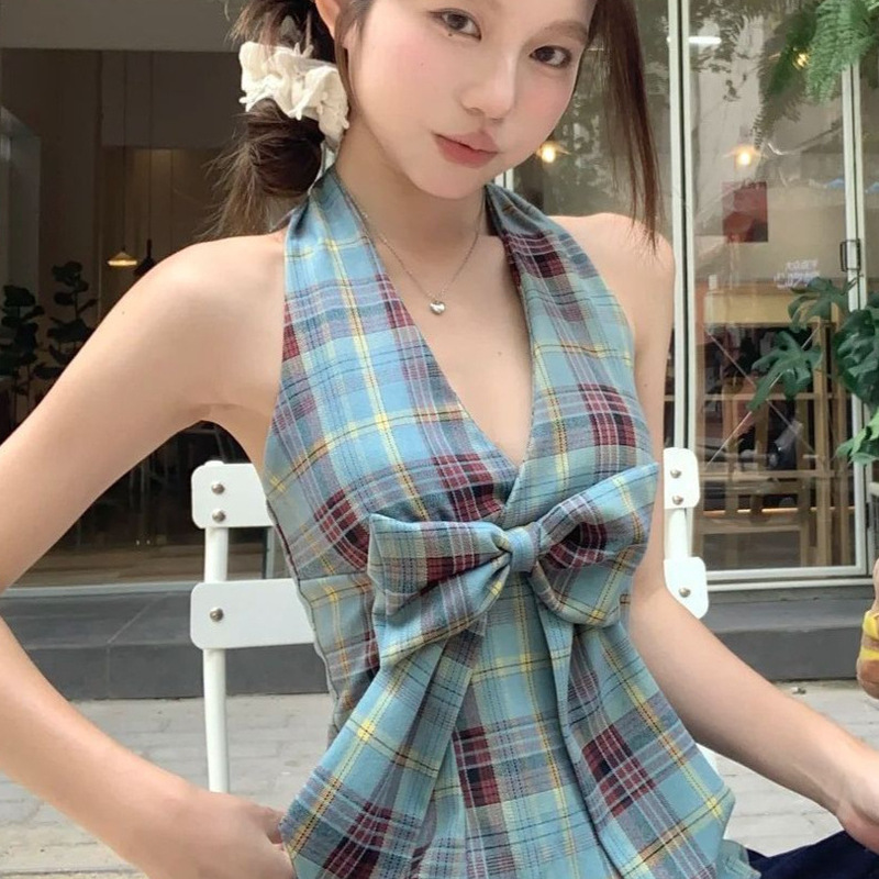Korean-Style Bowknot Color-Block Plaid Halter V-Neck Shirt for Women, Summer 3D Lace Hem Sleeveless Tank Top Korean-Style Bowknot Color-Block Plaid Halter V-Neck Shirt for Women, Summer 3D Lace Hem Sleeveless Tank Top