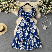 夏季水墨画印花名媛淑女修身中长款连衣裙女夏季玫瑰花收腰裙子潮