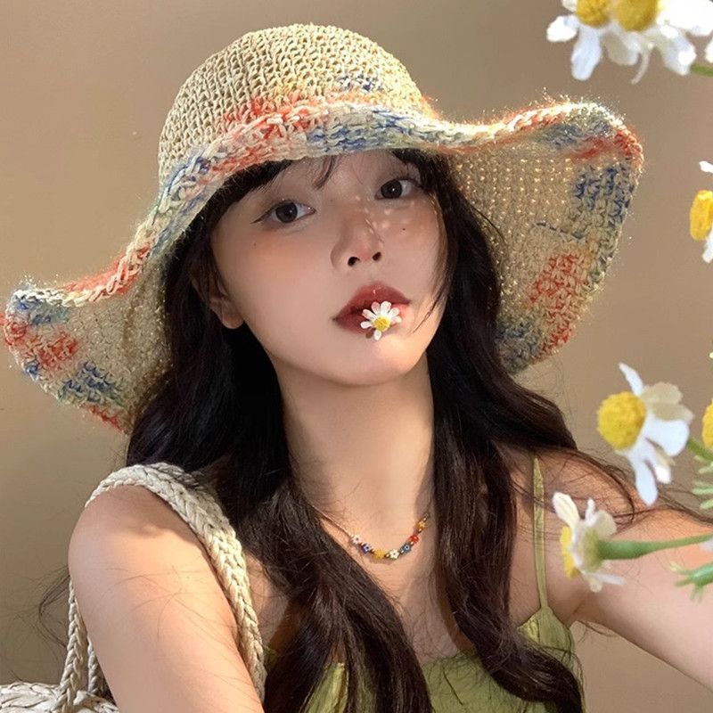 彩色编织草帽女夏季海边度假遮阳防晒帽透气镂空大帽檐显脸小帽子|undefined