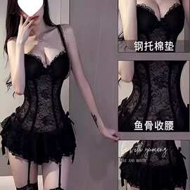超火绝美吊带睡衣女款性感高级御姐蕾丝马甲大码氛围睡裙女带胸垫