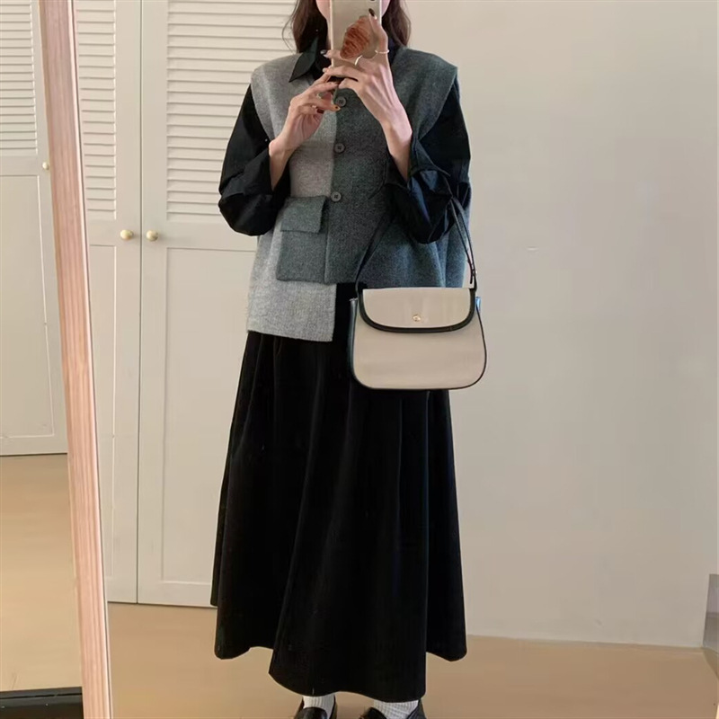 设计感小众不规则拼色圆领针织马甲女秋冬无袖宽松外搭毛衣背心潮|undefined