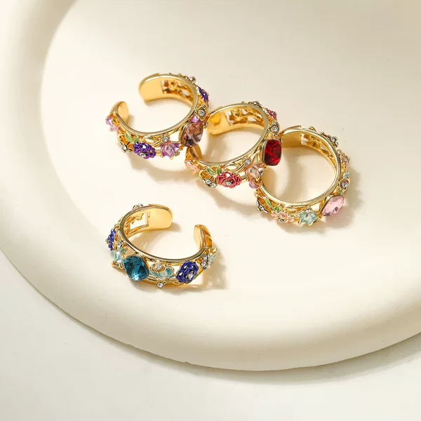 Cloisonné Craftsmanship Hollow Carving Art Ring, Popular New Chinese Style National Trend Enamel Color Painting Ring