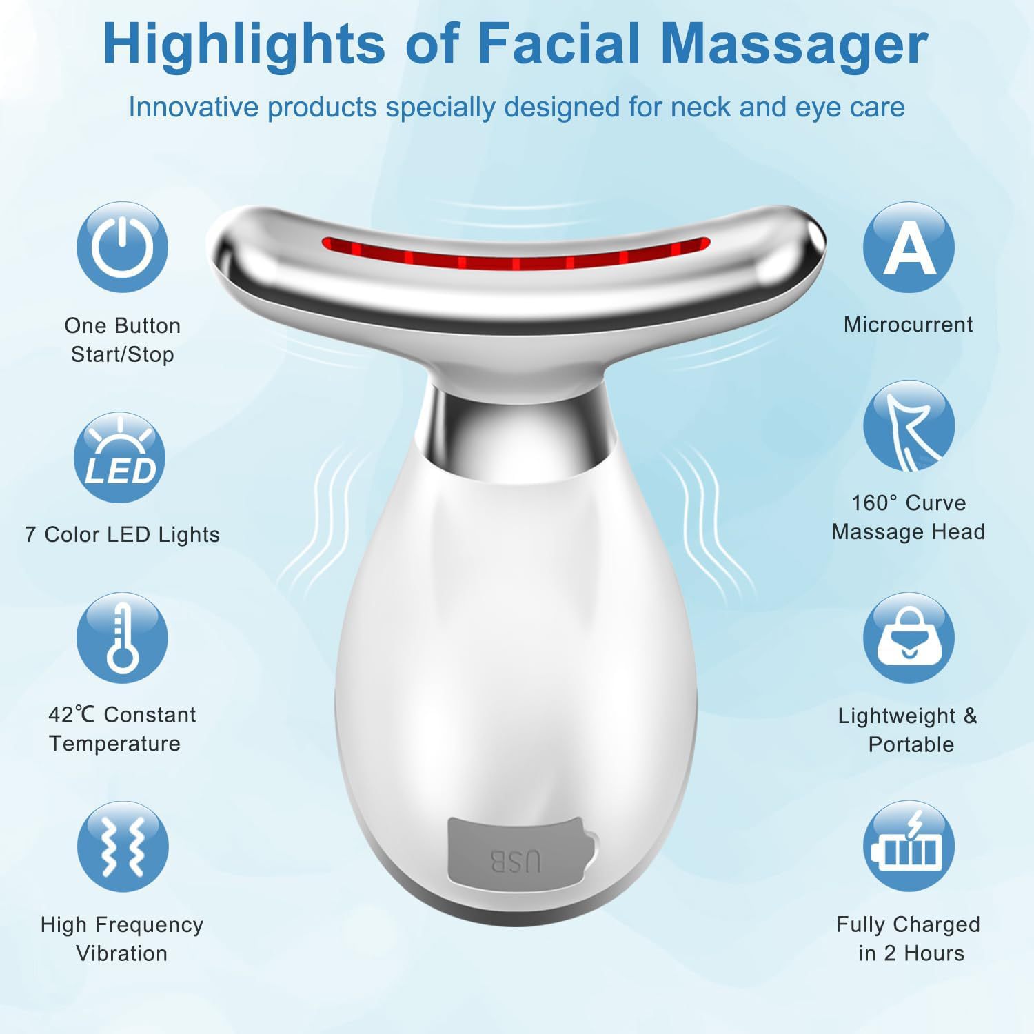 Nuevo producto Medidor de belleza para el cuello Medidor de patrón de cuello de masaje de vibración Plancha pequeña para levantar el cuello y la cara Instrumento de belleza de introducción de luz de color