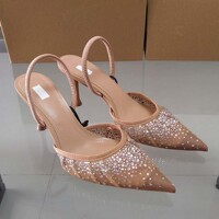 2024 Summer New Women's Shoes Water Diamond Bright Mesh High Heels Slim Heels Elegant and Elegant Style Open Heel Pointed Sandals