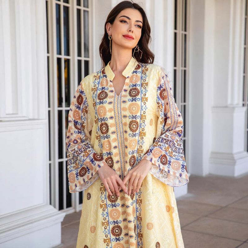 241107 Cross-Border Women's Clothing Embroidered Fabric Printed Rhinestone Long Dress Abaya
