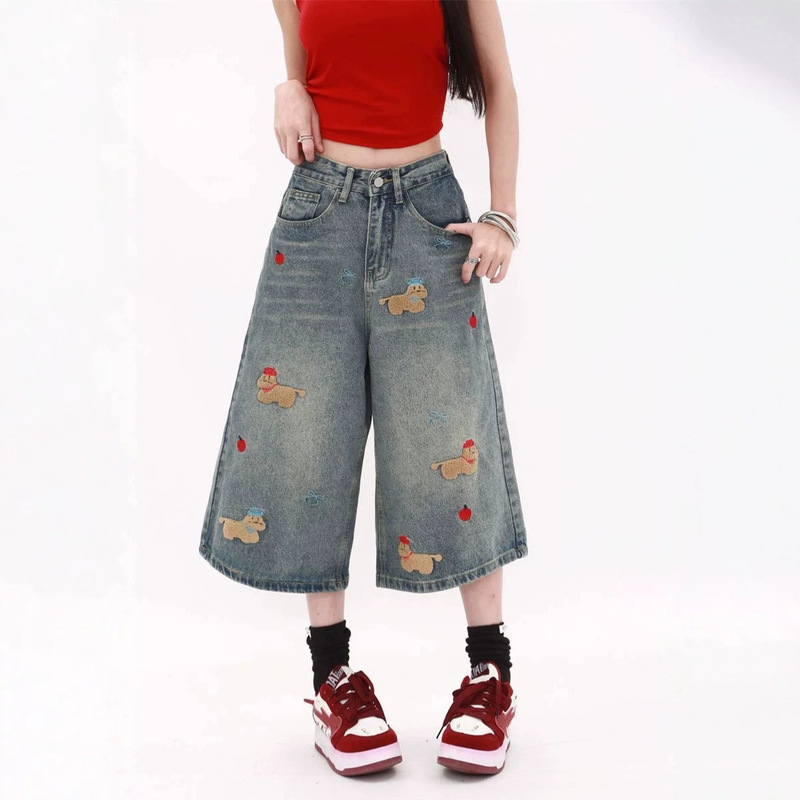 Dachshund Patch Embroidery Cropped Pants for Women, Summer Thin Style, Petite Low-Waist Loose Wide-Leg Denim Capris for Women