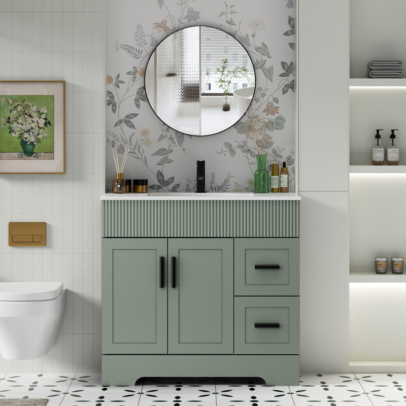Factory Custom-Made Bathroom Sink Cabinet Without Countertop Basin, Two Doors, Two Drawers, Black Handle, Thermoformed Panel, Green Bathroom Factory Custom-Made Bathroom Sink Cabinet Without Countertop Basin, Two Doors, Two Drawers, Black Handle, Thermoformed Panel, Green Bathroom