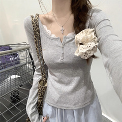 半开领蕾丝纽扣长袖T恤女2025春秋修身1韩系甜美chic内搭打底上衣