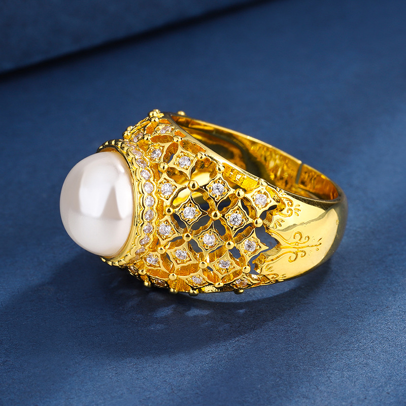 Zhuang Sheng joyas de cobre inferior chapado en oro con incrustaciones de perlas de Concha de Oro Blanco Perla Vintage anillo de diamante hueco 10mm