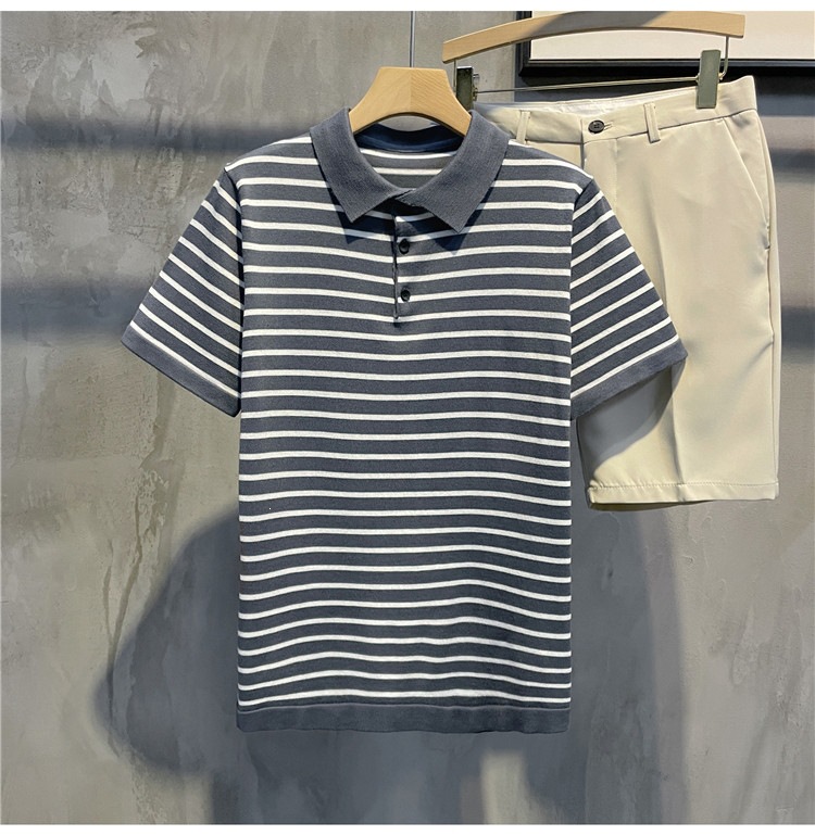 Men's Slim Fit Polo Shirt Striped Short Sleeve Ice Silk T-Shirt Business Casual Lapel Summer Top POLO Clothing_viptrois.com
